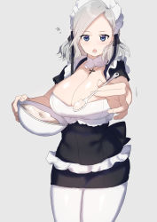 Rule 34 | 1girl, absurdres, black ribbon, blue eyes, breasts, curly hair, dress, grey background, headband, high heels, highres, jewelry, large breasts, looking at viewer, maid, maid headdress, monochrome background, necklace, open mouth, original, pantyhose, ribbon, shirasu uni, short hair, siblings, simple background, solo, spoon, standing, thighs, twins, white hair, white pantyhose
