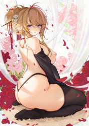 Rule 34 | 1girl, ass, azur lane, back, bare shoulders, black panties, black thighhighs, blonde hair, blue eyes, breasts, catsmoon, closed mouth, commentary request, detached sleeves, flower, from behind, glorious (azur lane), glorious (pungent plum) (azur lane), hair ornament, highleg, highleg panties, highres, kanzashi, large breasts, looking at viewer, narrowed eyes, nipples, no shoes, panties, petals, rose, rose petals, sidelocks, soles, solo, thighhighs, thong, topless, underwear