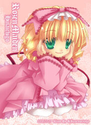 Rule 34 | 1girl, artist name, blonde hair, blush, bow, character name, closed mouth, coat, commentary request, copyright name, dated, dress, drill hair, full body, green eyes, hair bow, hands on own cheeks, hands on own face, hinaichigo, kneeling, lace-trimmed bow, lace trim, long sleeves, looking at viewer, medium bangs, medium hair, morinaga hinase, pink background, pink bow, pink coat, pink dress, quad drills, rozen maiden, smile, solo