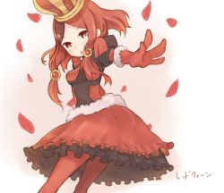 Rule 34 | 1girl, bad id, bad pixiv id, copyright request, dress, from behind, from side, gloves, long hair, long sleeves, looking at viewer, outstretched arm, outstretched hand, pantyhose, petals, puffy sleeves, red dress, red eyes, red gloves, red hair, red petals, simple background, solo, totatokeke, white background