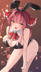 Rule 34 | 1girl, breasts, cleavage, hololive, houshou marine, large breasts, leotard, mozya, open mouth, playboy bunny, red eyes, red hair, smile, solo, twintails, virtual youtuber, yellow eyes
