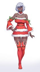Rule 34 | 1girl, bare shoulders, blush, boots, breasts, cleavage, closed mouth, commentary request, dark-skinned female, dark skin, depo (typebaby505), detached sleeves, full body, gradient background, green eyes, hand on own hip, highres, large breasts, long sleeves, looking at viewer, original, red footwear, santa costume, short hair, silver hair, simple background, smile, solo, standing, thigh boots, thighhighs, thighs