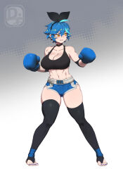 Rule 34 | ahoge, bare shoulders, black choker, black hairband, black thighhighs, blue gloves, blue hair, blue nails, boxing gloves, boxing shorts, breasts, bridal legwear, choker, cleavage, dif (difman), difman, dyed ahoge, feet, fighting stance, gloves, gradient background, grey background, hairband, highres, large breasts, mole, mole under eye, nail polish, original, shorts, signature, solo, stirrup legwear, thighhighs, toeless legwear, toenail polish, toenails, white background, yellow eyes
