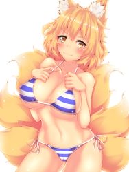 Rule 34 | 1girl, animal ear fluff, animal ears, artist request, bare shoulders, belly, bikini, blonde hair, blue bikini, blue bra, blue panties, blush, bra, breasts, cameltoe, cleavage, collarbone, fox ears, fox tail, highres, large breasts, looking at viewer, multiple tails, panties, short hair, smile, striped bikini, striped bra, striped clothes, striped panties, swimsuit, tail, thick thighs, thighs, touhou, underwear, yakumo ran, yellow eyes