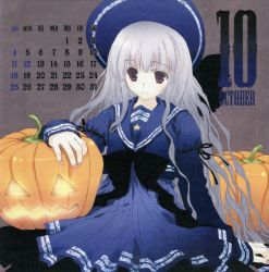 Rule 34 | 1girl, calendar, grey background, hat, jack-o&#039;-lantern, mitsumi misato, october, pumpkin, silver hair, solo