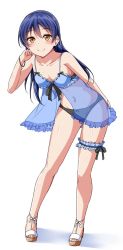 Rule 34 | 10s, 1girl, babydoll, bikini, black bow, black panties, blue bra, blue hair, blush, bow, bra, bracelet, breasts, bridal garter, clenched hand, frilled bra, frills, front-tie top, full body, hand on own ass, hand on own cheek, hand on own face, highres, jewelry, leaning forward, lingerie, long hair, looking at viewer, love live!, love live! school idol project, medium breasts, navel, panties, ribbon trim, sandals, smile, solo, sonoda umi, standing, swimsuit, toes, underwear, yellow eyes, yopparai oni