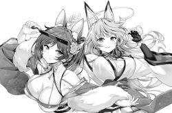 Rule 34 | 2girls, animal ears, arm up, azur lane, blush, breasts, cleavage, closed mouth, collarbone, elbow gloves, expressionless, fingerless gloves, fox ears, fox tail, gloves, greyscale, grin, highres, hori (hori no su), jintsuu (azur lane), large breasts, long hair, looking at viewer, monochrome, multiple girls, parted lips, sendai (azur lane), smile, sparkle, sweat, tail, teeth, very long hair