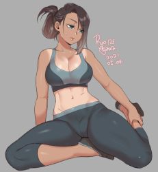 Rule 34 | 1girl, 2021, agawa ryou, bare shoulders, breasts, brown hair, cleavage, dark-skinned female, dark skin, dated, grey background, long hair, midriff, navel, original, ponytail, simple background, solo, sports bra, sportswear, stretching, sweat, tan, tanline, thick thighs, thighs, toned