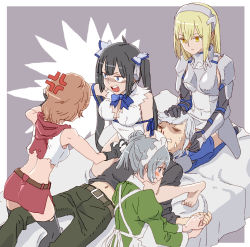 Rule 34 | 06erunium, 10s, 1boy, 4girls, aiz wallenstein, anger vein, angry, armor, armored dress, asymmetrical armor, asymmetrical breastplate, barefoot, bed, bell cranel, black gloves, black hair, black shirt, blonde hair, blood, blue eyes, blush, blush stickers, breasts, cleavage, cleavage cutout, closed mouth, clothing cutout, dress, dungeon ni deai wo motomeru no wa machigatteiru darou ka, elf, faulds, fighting, freya (danmachi), girl on top, gloves, green dress, grey hair, hair ribbon, hairband, harem, headdress, headgear, headpat, headpiece, hestia (danmachi), hetero, highres, holding hands, hood, hoodie, lap pillow, large breasts, liliruca arde, long hair, looking at another, maid, maid headdress, medium breasts, midriff, multiple girls, navel, nosebleed, on bed, open mouth, pointy ears, rei no himo, ribbon, round teeth, shirt, short hair, silver hairband, simple background, sleeveless, sleeveless hoodie, smile, syr flover, teeth, thighhighs, torn clothes, twintails, waist plate, waistplate, white dress, white gloves, white ribbon