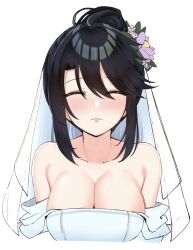 Rule 34 | 1girl, ^ ^, alternate hairstyle, bare shoulders, black hair, blush, breasts, bridal veil, cleavage, closed eyes, closed mouth, collarbone, commentary, dress, facing viewer, flower, hair bun, hair flower, hair ornament, happy, highres, hoshikawa kaguya, incoming kiss, large breasts, medium hair, nose blush, purple flower, simple background, single hair bun, solo, straight-on, strapless, strapless dress, swept bangs, tenshi souzou re-boot!, tft (tft7822), upper body, veil, wedding, wedding dress, white background