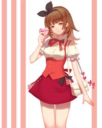 Rule 34 | 1girl, absurdres, bad id, bad pixiv id, bag, black ribbon, blouse, blunt bangs, blush, bow, bowtie, box, breasts, brown hair, character request, closed mouth, commentary request, flipped hair, frilled sleeves, frills, gift, hair ribbon, handbag, head tilt, heart, heart-shaped box, highres, holding, holding gift, kurenai907, long hair, looking at viewer, medium breasts, miracle nikki, puffy short sleeves, puffy sleeves, red bow, red bowtie, red skirt, ribbon, shirt, short sleeves, sketch, skirt, smile, solo, striped, striped background, valentine, vertical stripes, vest, white background, white shirt