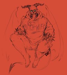 Rule 34 | 1boy, absurdres, arms at sides, bad id, bad tumblr id, body fur, chidaruma, clothes writing, demon boy, demon horns, demon tail, demon wings, dorohedoro, dotagotchi, english text, full body, highres, horns, long tongue, monster boy, red theme, satyr, sideways glance, skull, solo, spread legs, tail, tongue, very long tongue, wings
