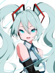 Rule 34 | 1girl, absurdres, aqua eyes, aqua hair, bare shoulders, breasts, derinhi1123, detached sleeves, hair ornament, hatsune miku, highres, long hair, looking at viewer, necktie, open mouth, sleeveless, smile, solo, twintails, very long hair, vocaloid, white background