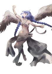 Rule 34 | 1girl, ahoge, angel wings, arm up, barefoot, bikini, bikini skirt, blue eyes, blue hair, braid, breasts, feathered wings, full body, halterneck, highres, long hair, looking up, meekaki96, mushoku tensei, navel, outstretched arms, profile, roxy migurdia, simple background, small breasts, solo, spread arms, swimsuit, twin braids, very long hair, white background, white bikini, white wings, wings