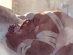 Rule 34 | 2boys, animal ears, bandages, bara, beard, brown fur, completely nude, couple, cow ears, cow horns, closed eyes, facial hair, from side, furry, furry male, furry with non-furry, giant, giant male, hairy, hand on another&#039;s head, hand on another&#039;s shoulder, highres, horns, indoors, interspecies, kimidori (dera kimidori), kiss, leg hair, light, male focus, mature male, minotaur, multiple boys, muscular, muscular male, nude, original, scar, scar across eye, scar on face, sexually suggestive, short hair, size difference, spread legs, stubble, thighs, yaoi