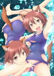 Rule 34 | 2girls, animal ears, arm up, ass, ass grab, bad id, bad twitter id, blue one-piece swimsuit, brave witches, brown eyes, brown hair, closed mouth, commentary request, covered navel, dog ears, dog tail, hair ornament, hairclip, hand under clothes, hand under swimsuit, highres, iwami kyuuto, karibuchi hikari, lying, miyafuji yoshika, multiple girls, old school swimsuit, on back, on stomach, one-piece swimsuit, school swimsuit, short hair, star (symbol), starry background, strike witches, swimsuit, tail, torn clothes, torn swimsuit, trait connection, world witches series