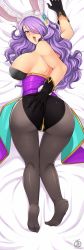 Rule 34 | 1girl, animal ears, ass, ass grab, back, backless outfit, bare shoulders, blush, breasts, camilla (fire emblem), deep skin, fake animal ears, fire emblem, fire emblem if, from behind, gloves, hair over one eye, hairband, highres, huge ass, huge breasts, long hair, looking at viewer, looking back, lying, nintendo, on stomach, pantyhose, purple eyes, purple hair, rabbit ears, revolverwing, shiny skin, showgirl skirt, sideboob, solo, tongue