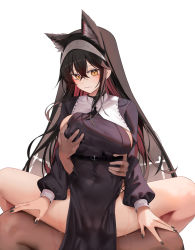 Rule 34 | 1boy, 1girl, animal ears, arknights, black dress, black hair, black nails, black shirt, blouse, grabbing another&#039;s breast, breasts, colored inner hair, covered navel, covered penetration, crossed bangs, dress, extra ears, grabbing, hair between eyes, hetero, highres, implied sex, large breasts, long sleeves, looking at viewer, multicolored hair, nail polish, pantyhose, pelvic curtain, penis, pussy, red hair, ru zhai, shirt, sideboob, simple background, solo focus, texas (arknights), torn clothes, torn legwear, trembling, white background, wolf ears, yellow eyes