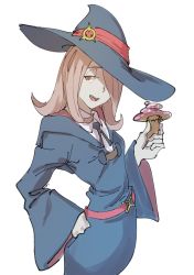 Rule 34 | 1girl, absurdres, belt, breasts, hair over one eye, hat, highres, little witch academia, mushroom, pink hair, sucy manbavaran, witch hat