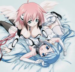 Rule 34 | 2girls, ahoge, bare shoulders, black thighhighs, blue eyes, blue hair, breasts, broken, broken chain, chain, cleavage, collar, commentary request, dress, feathered wings, garter straps, green eyes, ikaros, large breasts, long hair, lying, lying on person, multiple girls, nymph (sora no otoshimono), official art, on back, open mouth, pink hair, robot ears, small breasts, sora no otoshimono, strapless, strapless dress, thighhighs, twintails, very long hair, watanabe yoshihiro, white dress, white footwear, white thighhighs, white wings, wings, yuri, zettai ryouiki