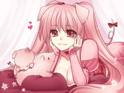 Rule 34 | 1girl, animal ears, bow, breasts, choker, heart, indoors, konshin, large breasts, long hair, original, pig, pig ears, pig girl, pig tail, pillow, pink eyes, pink hair, smile, solo, tail, tail bow, tail ornament, twintails