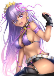 Rule 34 | 1girl, arm garter, bad id, bad pixiv id, bare shoulders, bb (fate), bb (fate) (all), bb (swimsuit mooncancer) (fate), bb (swimsuit mooncancer) (second ascension) (fate), belt, bikini, black gloves, black shorts, blush, breasts, cleavage, collarbone, earrings, fate/grand order, fate (series), fingerless gloves, garter straps, gloves, gyaru, hair between eyes, hair ornament, hair ribbon, hairband, highres, jewelry, large breasts, long hair, looking at viewer, micro shorts, mishiro (ixtlolton), navel, neck ribbon, open mouth, purple bikini, purple eyes, purple hair, purple ribbon, ribbon, short shorts, shorts, simple background, smile, solo, star (symbol), star earrings, star hair ornament, swimsuit, tan, thighs, very long hair, white background, white belt
