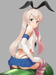 Rule 34 | 10s, 1girl, admiral (kancolle), ass, bad id, bad pixiv id, barrel, blue eyes, blue skirt, blush, butt crack, drum (container), elbow gloves, gloves, grey background, hairband, highres, kantai collection, long hair, looking at viewer, looking back, purple eyes, raseruta, shimakaze (kancolle), simple background, sitting, skirt, solo, straddling, striped clothes, striped thighhighs, thighhighs, white gloves, white hair