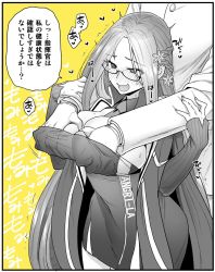 Rule 34 | 1boy, 1girl, azur lane, bad id, bad twitter id, between breasts, blush, braid, grabbing another&#039;s breast, breasts, cleavage, commander (azur lane), commentary request, ear blush, eyes visible through hair, glasses, gloves, grabbing, grabbing from behind, greyscale, hair ornament, half-closed eyes, heart, heart-shaped pupils, large breasts, long hair, long sleeves, monochrome, necktie, nose blush, open mouth, parted bangs, semi-rimless eyewear, shangri-la (azur lane), snowflake hair ornament, solo focus, speech bubble, sweat, sweater, symbol-shaped pupils, tears, translation request, trembling, very long hair, white gloves, yellow background, yoshiragi