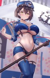 Rule 34 | 1girl, absurdres, azur lane, baltimore (azur lane), baltimore (finish line flagbearer) (azur lane), bikini, blue hat, blue jacket, blue thighhighs, blush, braid, breasts, brown hair, cropped jacket, cross-laced clothes, flag, from below, gloves, hair between eyes, hat, highleg, highleg bikini, highres, holding, holding flag, holding pole, jacket, large breasts, looking at viewer, mismatched bikini, official alternate costume, pole, race queen, sidelocks, single glove, solo, swimsuit, thighhighs, thighs, underboob, yellow eyes, yuuki shuri