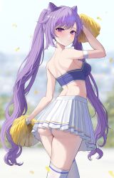 Rule 34 | 1girl, absurdres, arched back, arm strap, arm up, ass, back, bandeau, bare shoulders, blurry, braid, breasts, cheerleader, closed mouth, cone hair bun, crop top, depth of field, from behind, genshin impact, hair bun, highres, holding, holding pom poms, keqing (genshin impact), kuuhaku (wutt5584), long hair, looking at viewer, looking back, median furrow, medium breasts, midriff, miniskirt, panties, panty peek, pink eyes, pleated skirt, pom pom (cheerleading), pom poms, purple eyes, purple hair, skirt, standing, strapless, sweat, thighhighs, thighs, tube top, twintails, underwear, very long hair, white panties, white skirt, white thighhighs