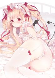 Rule 34 | 1girl, ame usari, ass, bare shoulders, bed sheet, black wings, blonde hair, blush, bow, breasts, closed mouth, commentary request, covering privates, covering ass, demon girl, demon tail, demon wings, dress, garter straps, hair bow, hand up, highres, long hair, lying, on side, original, panties, puffy short sleeves, puffy sleeves, red bow, red eyes, red ribbon, ribbon, short sleeves, small breasts, solo, tail, thighhighs, two side up, underwear, very long hair, white dress, white panties, white thighhighs, wings