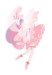 Rule 34 | blue eyes, blush, bow, dress, feli (puyopuyo), full body, hairband, highres, long hair, looking up, pink dress, pink wings, purple hair, puyopuyo, red bow, simple background, solo, standing, tari ppp, white background, white feli, wings