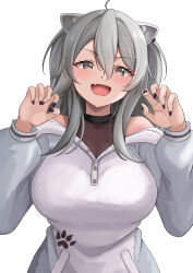 Rule 34 | 1girl, 9696k, absurdres, ahoge, animal ears, bare shoulders, black nails, blush, breasts, claw pose, cleavage, ear piercing, fang, grey eyes, grey hair, hair between eyes, highres, hololive, hood, hoodie, large breasts, lion ears, lion girl, long hair, looking at viewer, nail polish, off shoulder, open mouth, piercing, see-through, see-through cleavage, shishiro botan, skin fang, smile, solo, virtual youtuber, white background, white hoodie