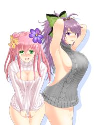 Rule 34 | 2girls, ahoge, aran sweater, armpits, arms behind head, arms up, backless dress, backless outfit, bad id, bad pixiv id, bare shoulders, blush, bow, breasts, cable knit, center opening, cleavage, cleavage cutout, clothing cutout, covering crotch, covering privates, cowboy shot, double bun, dress, echinacea (flower knight girl), flower, flower knight girl, green bow, green eyes, hair between eyes, hair bow, hair bun, hair flower, hair ornament, hairband, halterneck, highres, lace-trimmed bow, lace trim, large breasts, leaning forward, long hair, looking at viewer, meme attire, multiple girls, naked sweater, nose blush, open-chest sweater, open mouth, parted lips, pink hair, ponytail, purple eyes, purple flower, purple hair, ribbed sweater, saffron (flower knight girl), shadow, sideboob, simple background, smile, spiked hairband, spikes, striped clothes, striped sweater, sweatdrop, sweater, sweater dress, teeth, thighs, tks (tksmk3), turtleneck, turtleneck sweater, twintails, v arms, virgin killer sweater, white background