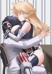 Rule 34 | 1boy, 1girl, admiral (kancolle), american flag legwear, asymmetrical legwear, black hair, blonde hair, breasts, face to breasts, fingerless gloves, garter straps, gloves, highres, iowa (kancolle), kantai collection, large breasts, long sleeves, military, military uniform, miniskirt, mismatched legwear, naval uniform, sitting, sitting on lap, sitting on person, skirt, smile, striped clothes, striped skirt, striped thighhighs, t2r, thighhighs, uniform, vertical-striped clothes, vertical-striped skirt, vertical-striped thighhighs