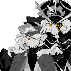 2girls @_@ arms_at_sides ascot cape closed_mouth colored_eyelashes commentary_request cookie_run cookie_run:_ovenbreak croissant_cookie curly_sidelocks dual_persona eyepatch greyscale halftone hat heterochromia higa423 highres humanization long_hair looking_at_another looking_at_viewer low_side_ponytail monochrome multiple_girls orange_eyes side_ponytail simple_background smile spot_color straight-on timekeeper_cookie timekeeper_cookie_(ruler_of_the_ephemeral_flow) turtleneck upper_body yellow_eyes