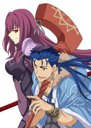 Rule 34 | 1boy, 1girl, aora, bad id, bad pixiv id, bodysuit, breasts, cape, cu chulainn (caster) (fate), cu chulainn (fate), cu chulainn (fate/stay night), fate/grand order, fate (series), gae bolg (fate), large breasts, long hair, polearm, ponytail, purple bodysuit, purple hair, red eyes, scathach (fate), simple background, spear, staff, very long hair, weapon
