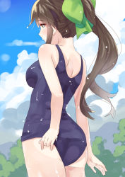 Rule 34 | 1girl, adjusting clothes, adjusting swimsuit, back, blue sky, bow, breasts, brown eyes, brown hair, cloud, cloudy sky, day, forest, green bow, hair bow, jintsuu (kancolle), kantai collection, long hair, medium breasts, nature, one-piece swimsuit, ponytail, school swimsuit, sky, solo, swimsuit, tonarikeru, tree