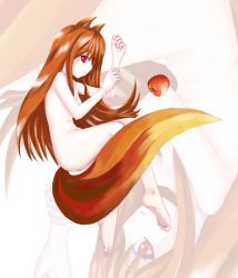 Rule 34 | 00s, 1girl, animal ears, apple, barefoot, brown hair, food, fruit, holding, holding food, holding fruit, holo, long hair, nude, red eyes, solo, spice and wolf, tail, wolf ears, wolf tail