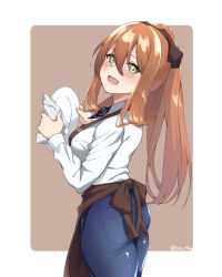 Rule 34 | 1girl, :d, apron, bad id, bad pixiv id, blush, brown background, commentary request, cowboy shot, denim, dishwashing, from behind, girls&#039; frontline, green eyes, hair ribbon, highres, jeans, long hair, looking at viewer, looking back, springfield (girls&#039; frontline), open mouth, orange hair, pants, ponytail, ribbon, smile, solo, spicy moo, twitter username, two-tone background, waist apron, white background