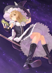 Rule 34 | 1girl, alternate costume, bad id, bad pixiv id, blonde hair, bloomers, boots, braid, broom, cross-laced footwear, female focus, half updo, hat, kirisame marisa, knee boots, looking at viewer, magic, night, night sky, petticoat, short hair, sidesaddle, sky, smile, solo, star (symbol), tadokoro teppei, touhou, underwear, witch, witch hat, yellow eyes