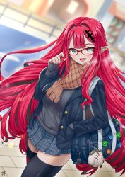 Rule 34 | 1girl, absurdres, bag, bag charm, black thighhighs, blue jacket, blue skirt, blunt bangs, blurry, blurry background, breasts, breath, charm (object), dutch angle, baobhan sith (fate), fate/grand order, fate (series), glasses, grey eyes, guriguri (arayotto4351), hair intakes, hair ornament, hairclip, hand in pocket, head tilt, highres, jacket, large breasts, long hair, looking at viewer, nail polish, open clothes, open jacket, open mouth, pink hair, plaid, plaid scarf, plaid skirt, pleated skirt, pointy ears, red-framed eyewear, red hair, red nails, scarf, school bag, school uniform, sidelocks, skirt, sleeves past wrists, slit pupils, smile, solo, thighhighs, thighs, very long hair, zettai ryouiki