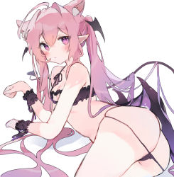 Rule 34 | 1girl, absurdres, ahoge, animal ear fluff, animal ears, armpit crease, ass, bare shoulders, bikini, black horns, black tail, blush, breasts, cat ears, cat girl, closed mouth, collarbone, demon girl, demon horns, demon tail, demon wings, dot mouth, dot nose, extra ears, frilled bikini, frilled bracelet, frills, from behind, gradient hair, hair between eyes, highres, horns, long hair, looking at viewer, looking back, lying, micro bikini, multicolored hair, on side, original, otintin, paw pose, pink hair, pointy ears, purple hair, purple wings, revealing clothes, shadow, sidelocks, simple background, small breasts, solo, swimsuit, tail, twintails, two-tone hair, very long hair, white background, wings
