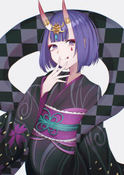 Rule 34 | 1girl, absurdres, black kimono, bob cut, eyeliner, facial mark, fate/grand order, fate (series), headpiece, highres, horn ornament, horn ring, horns, japanese clothes, kimono, licking lips, lostroom outfit (fate), makeup, obi, oni, purple eyes, purple hair, sash, short hair, shuten douji (fate), shuten douji (lostroom outfit) (fate), skin-covered horns, solo, teardrop, tongue, tongue out, user cpuf8237, wide sleeves