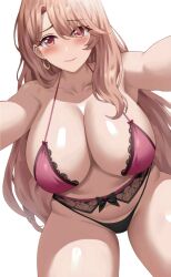Rule 34 | 1girl, animated, animated gif, black panties, blush, bra, breasts, brown eyes, brown hair, cleavage, closed mouth, collarbone, commentary, earrings, english commentary, jasony, jewelry, large breasts, long hair, looking at viewer, navel, oshi no ko, panties, pink bra, saitou miyako, simple background, solo, thighs, underwear, very long hair, white background