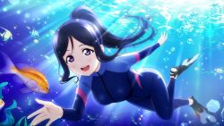 Rule 34 | 1girl, air bubble, artist name, artist request, blue bodysuit, blue hair, blue one-piece swimsuit, blush, bodysuit, breasts, bubble, cowboy shot, diving, diving suit, female focus, fish, flippers, full body, hair between eyes, long hair, long sleeves, looking at viewer, love live!, love live! school idol festival, love live! school idol festival all stars, love live! sunshine!!, matsuura kanan, medium breasts, ocean, seafloor, one-piece swimsuit, parted lips, ponytail, purple eyes, skin tight, smile, solo, swimming, swimsuit, turtleneck, underwater, wetsuit