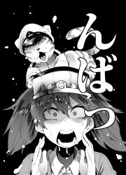 Rule 34 | 10s, 1girl, absurdres, admiral (kancolle), animal, animal on head, cat, greyscale, hat, highres, kantai collection, military hat, monochrome, non-human admiral (kancolle), on head, open mouth, ryuujou (kancolle), snot, surprised, sweat, teeth, translation request, twintails, upper body, visor cap, yonyon (yotayota honpo)