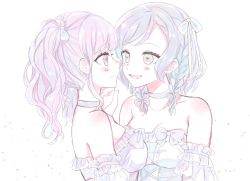 Rule 34 | 2girls, aqua hair, bang dream!, bare shoulders, blush, bow, braid, choker, collarbone, detached sleeves, frilled sleeves, frills, green eyes, hair bow, hair ribbon, hana kon (17aaammm), hand on another&#039;s face, highres, hikawa hina, long hair, looking at another, maruyama aya, multiple girls, pale color, pink eyes, pink hair, ribbon, short hair, side braids, sidelocks, tears, twintails, upper body, white background