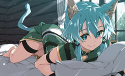 Rule 34 | 1girl, animal ear fluff, animal ears, barefoot, blue eyes, blue hair, cat ears, cat girl, cat tail, curtains, dress, green dress, green hair, hair between eyes, hair ribbon, highres, indoors, looking at viewer, lying, on bed, on stomach, pillow, ribbon, shikei, short hair with long locks, short sleeves, sinon (sao-alo), smile, solo, sword art online, tail, thigh strap, window