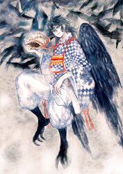 Rule 34 | 1boy, animal, animal feet, baggy pants, bird, bird legs, bird tail, bird wings, black hair, black tail, black wings, blue eyes, blue kimono, checkered clothes, crow, feathered wings, full body, grey background, harpy boy, head tilt, japanese clothes, kimono, long hair, long sleeves, looking at viewer, male focus, monster boy, original, pants, pole mura, smile, solo, tail, talons, white kimono, white pants, wide sleeves, wings